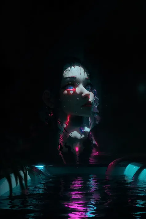 ((masterpiece)), ultra detailed,4k,detailed skin,(detailed face),detailed texture, perfect anatomy,detailed eyes,looking back,
1girl,face lighting, (lucy \(cyberpunk\):1.2), upper body, blurry background, looking at viewer, red lips, shadow, solo, (white hair),extreme detailed skin texture,glowing eyes,wet skin,
(lowkey:1.2),dim light,studio light,ray tracing,reflection, on water, pool,vaporwavev1,palm tree,pillar, neon,
(simple black background),
<lora:lucy-000035:1>, pureerosface_v1, <lora:epiNoiseoffset_v2:1>, <lora:filmgirlFilmGrain_v40:0.2><lora:stylized3DModelLora_v30:0.2><lora:vaporwavev1_v1:0.4>