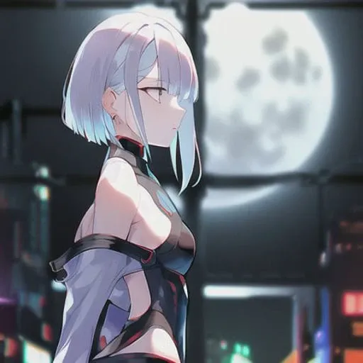 lucy \(cyberpunk\), 1girl, back, cyborg, from the side, upper body,belt, black belt, black leotard, black pants, blurry, bob cut, clothing cutout, grey hair,cropped jacket, cyberpunk, depth of field, science fiction, short hair, solo, outdoors,outdoors, night, moon, cyberpunk \(series\), cyberpunk edgerunners <lora:lucyCyberpunk_35Epochs:0.7>