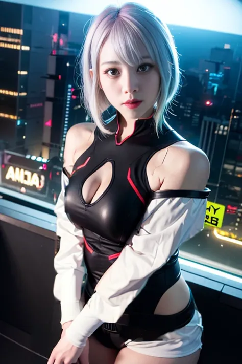 (8k, RAW photo, best quality, masterpiece:1.2), (realistic, photo-realistic:1.37),(Kpop idol), (aegyo sal:1),cute,professional lighting, photon mapping, radiosity, physically-based rendering, cosplay, lucy \(cyberpunk\),bob cut,mechanical parts,grey eyes, black tight suit,cyberpunk city, black pants,night,neon lights,sexy,porn,smoke, looking at viewer,