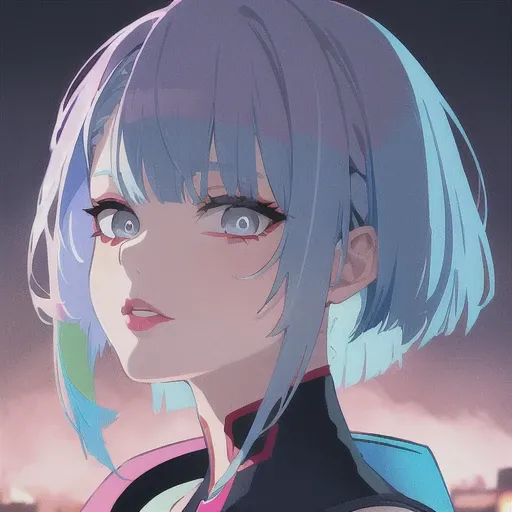 lucy \(cyberpunk\), 1girl, bangs, blue hair, colored tips, close up, from side, grey eyes, jacket, long sleeves, looking at viewer, medium hair, moon, multicolored hair, parted bangs, parted lips, pink hair, portrait, red eyeliner, red lips, solo, white jacket, cyberpunk \(series\), cyberpunk edgerunners <lora:lucyCyberpunk_35Epochs:0.7>