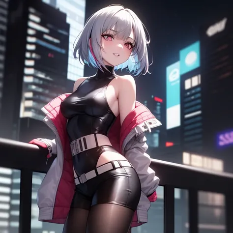 lucy \(cyberpunk\), 1girl, against railing, arm rest, bangs, bare shoulders, belt, black belt, black leotard, black pants, blurry, bob cut,  breasts, night, building, cityscape, clothing cutout, (black belts), cropped jacket, cyberpunk, black pants, blurry, depth of field, from side, gradient eyes, grey eyes, grey hair, pink eyeshadow, jacket, leotard, lips, long sleeves, looking afar, looking ahead, mechanical parts, medium breasts, multicolored eyes, multicolored hair, night, night sky, off shoulder, open clothes, open jacket, outdoors, short pants, parted lips, railing, pink eyeliner, science fiction, short hair with long locks, short shorts, shorts,  half-long silk socks, sidelocks, sky, solo, standing, teeth, thigh cutout, upper teeth only, white jacket, white shorts, cyberpunk \(series\), cyberpunk edgerunners <lora:lucy-000035:0.7>, (ulzzang-6500:0.3)