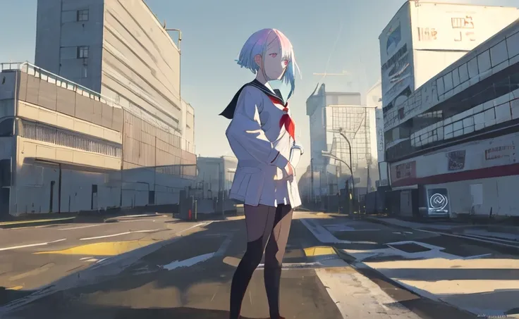 ((masterpiece,best quality)),1girl, from below, solo, school uniform, serafuku, sky, cloud, black hair, skirt, sailor collar, looking at viewer, short hair, building, bangs, neckerchief, long sleeves, cloudy sky, power lines, shirt, cityscape, pleated skirt, scenery, blunt bangs, city, night, black sailor collar, closed mouth, black skirt, medium hair, school bag , holding bag, lucy \(cyberpunk\), <lora:lucyCyberpunk_35Epochs:1>