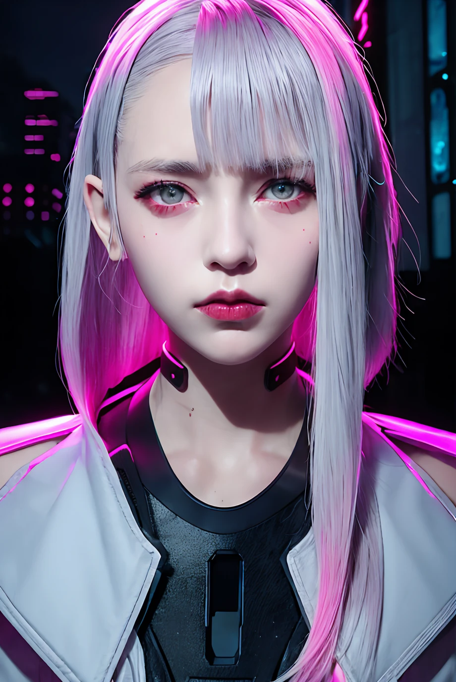 lucy \(cyberpunk\), 1girl, hair scrunchie, hime cut, silver hair, colored tips, full moon, grey eyes, jacket, long sleeves, looking at viewer, medium hair, multicolored hair, parted bangs, parted lips, pink hair, portrait, red eyeliner, red lips, solo, white jacket, cyberpunk \(series\), rainy night in a cyberpunk city with glowing neon lights
<lora:koreanDollLikeness_v10:0.2> <lora:lucyCyberpunk_35Epochs:0.6>