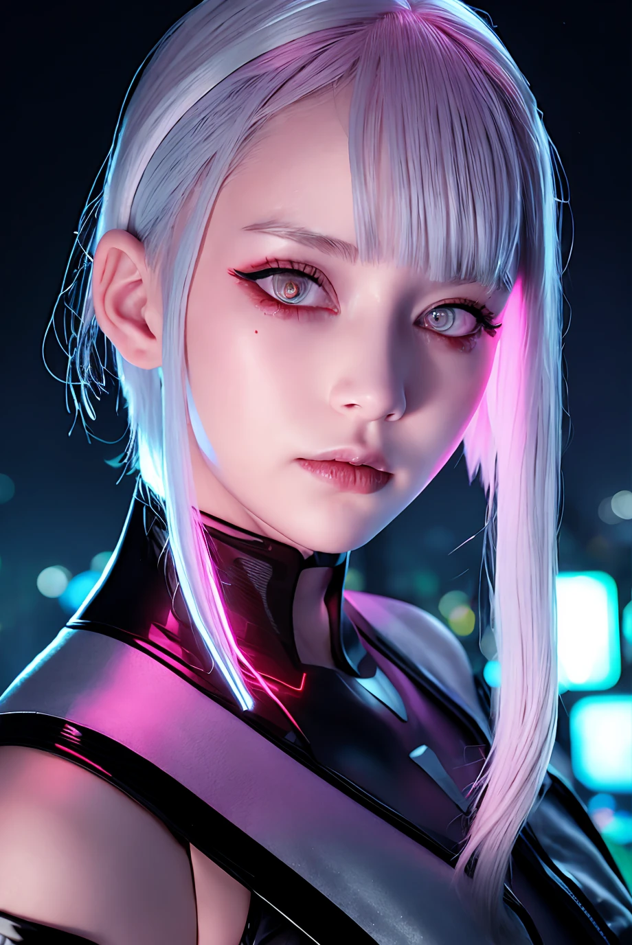lucy \(cyberpunk\), 1girl, hair scrunchie, hime cut, silver hair, colored tips, full moon, grey eyes, jacket, long sleeves, looking at viewer, medium hair, multicolored hair, parted bangs, parted lips, pink hair, portrait, red eyeliner, red lips, solo, white jacket, cyberpunk \(series\), rainy night in a cyberpunk city with glowing neon lights
<lora:koreanDollLikeness_v10:0.2> <lora:lucyCyberpunk_35Epochs:0.6>