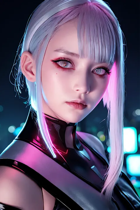 lucy \(cyberpunk\), 1girl,  hair scrunchie, hime cut, silver hair, colored tips, full moon, grey eyes, jacket, long sleeves, looking at viewer, medium hair, multicolored hair, parted bangs, parted lips, pink hair, portrait, red eyeliner, red lips, solo, white jacket, cyberpunk \(series\), rainy night in a cyberpunk city with glowing neon lights

 <lora:koreanDollLikeness_v10:0.2> <lora:lucyCyberpunk_35Epochs:0.6>