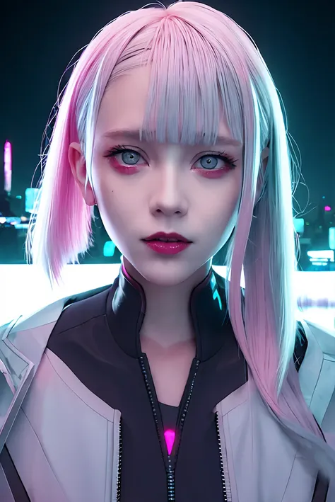 lucy \(cyberpunk\), 1girl,  hair scrunchie, hime cut, silver hair, colored tips, full moon, grey eyes, jacket, long sleeves, looking at viewer, medium hair, multicolored hair, parted bangs, parted lips, pink hair, portrait, red eyeliner, red lips, solo, white jacket, cyberpunk \(series\), rainy night in a cyberpunk city with glowing neon lights

 <lora:koreanDollLikeness_v10:0.2> <lora:lucyCyberpunk_35Epochs:0.6>