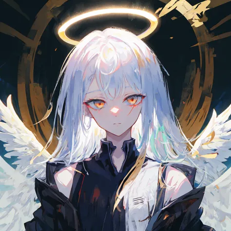 masterpiece, best quality, ultra-detailed, illustration, close-up, straight on, face focus, 1girl, white hair, golden eyes, long hair, halo, angel wings, serene expression, looking at viewer