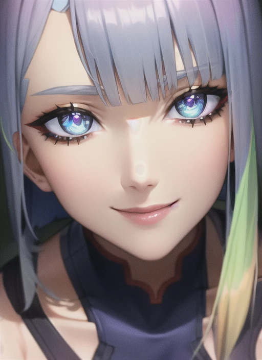 mature adult woman, (beautiful face:1), bangs, bare_shoulders, blunt_bangs, breasts, jacket, large_breasts, leotard, multicolored_hair, nail_polish, pink_hair, smile, solo, virtual_youtuber, masterpiece, best quality, highly detailed eyes, highly detailed face, highly detailed background, good hands,1 girl, standing,bangs, looking at viewer, sleeves,