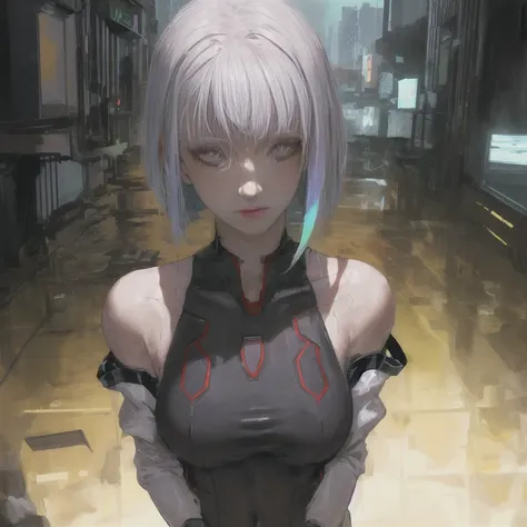 <(realistic:1.0), intricate details>, lucy \(cyberpunk\), portrait, 1 girl, beautiful face, asymmetrical hair, multi-colored hair, belt, bodysuit, covered mouth, covered navel, detached sleeves, grey eyes, hip vent, open jacket, cute, look at viewer, <lora:lucyCyberpunk_35Epochs:0.7>,
night city, neon, rainy,