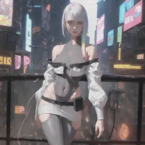 <(realistic:1.0), intricate details>, lucy \(cyberpunk\), portrait, 1 girl, beautiful face, asymmetrical hair, multi-colored hair, belt, bodysuit, covered mouth, covered navel, detached sleeves, grey eyes, hip vent, open jacket, cute, look at viewer, <lora:lucyCyberpunk_35Epochs:0.7>,
night city, neon, rainy,