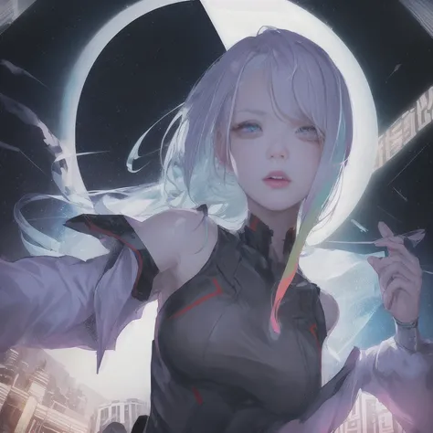 <(realistic:1.0), intricate details>, lucy \(cyberpunk\), portrait, 1 girl, beautiful face, asymmetrical hair, multi-colored hair, belt, bodysuit, covered mouth, covered navel, detached sleeves, grey eyes, hip vent, open jacket, cute, <lora:lucyCyberpunk_35Epochs:0.7>,
night city, neon, sky full of stars, night, rocket,