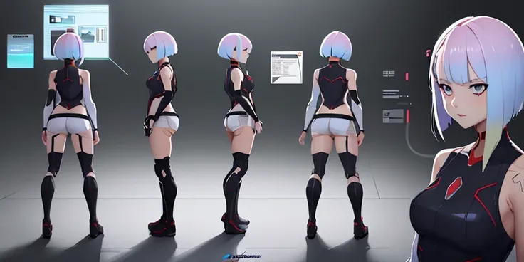 a character turnaround, multiple views, 1girl, solo <lora:lucyCyberpunk_35Epochs:0.8> lucy \(cyberpunk\) (robot joints:0.8) mechanical parts, in the style of anime