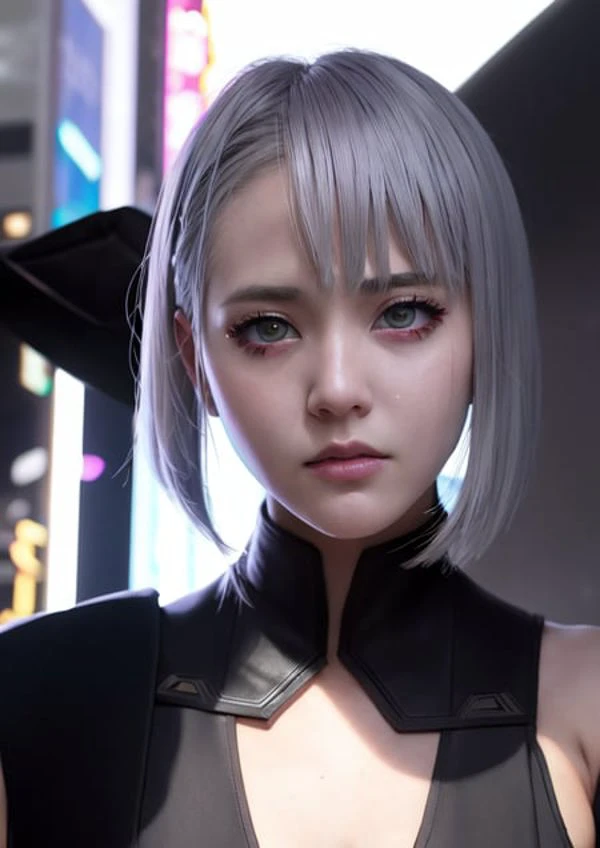 <lora:lucyCyberpunk_35Epochs:0.5> , lucy \(cyberpunk\), girl, cosplay, city, serious face, grey hair, short hair, beautiful, beautiful eyes, shiny eyes, looking at viewer, night, from below, gloom, wet, realistic hair, realistic lighting, soft lighting, soft color, closeup face, photograph, headshot, photoshoot, cinematic, depressed, RAW Photo, pureerosface_v1, ulzzang-6500