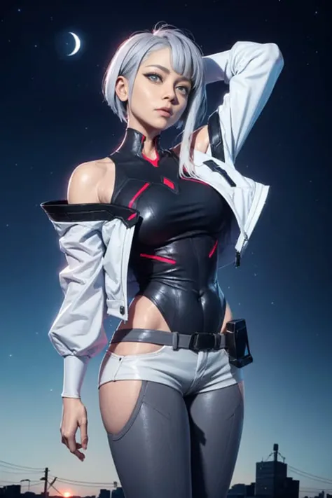 lucy \(cyberpunk\), 1girl, arm up, asymmetrical hair, belt, bodysuit, (large breasts:1.3), wide thighs, covered mouth, covered navel, detached sleeves, grey eyes, hip vent, looking at viewer, night, night sky, pouch, short hair, sky, solo, white hair, wire, short shorts, shorts, open jacket, <lora:lucyCyberpunk_35Epochs:0.7> <lora:hipoly3DModelLora_v10:0.5> <lora:samdoesartsSamYang_offsetRightFilesize:0.5>