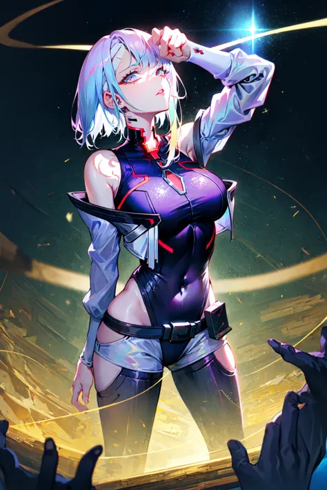 lucy \(cyberpunk\), 1girl, arm up, asymmetrical hair, belt, bodysuit, covered mouth, covered navel, detached sleeves, grey eyes, hip vent, holding, holding weapon, looking at viewer, night, night sky, pouch, short hair, sky, solo, weapon, white hair, wire, short shorts, shorts, open jacket,((masterpiece, best quality)), close-up, straight on, ((1 girl)), (incredible absurdity), (detailed light),lighting, colorful, layered backgrounds, (gorgeous background), dynamic angle,delicate background, (shine),arm around back, <lora:lucyCyberpunk_35Epochs:1>