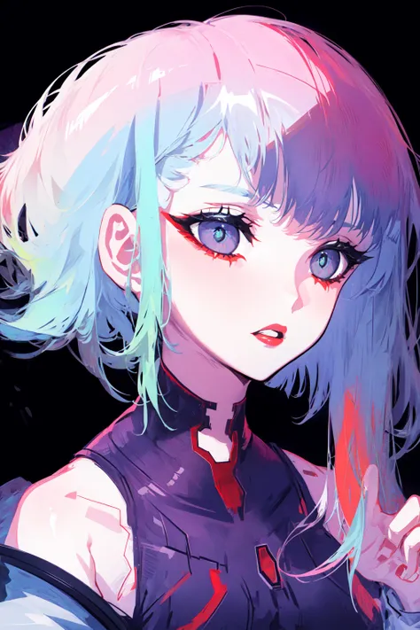 lucy \(cyberpunk\), 1girl, arm up, bangs, blue hair, colored tips, full moon, grey eyes, jacket, long sleeves, looking at viewer, medium hair, moon, multicolored hair, parted bangs, parted lips, pink hair, portrait, red eyeliner, red lips, solo, white jacket, cyberpunk \(series\), cyberpunk edgerunners , <lora:lucyCyberpunk_35Epochs:1>