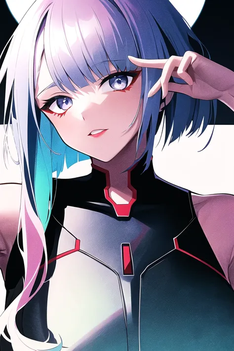 lucy \(cyberpunk\), 1girl, arm up, bangs, blue hair, colored tips, full moon, grey eyes, jacket, long sleeves, looking at viewer, medium hair, moon, multicolored hair, parted bangs, parted lips, pink hair, portrait, red eyeliner, red lips, solo, white jacket, cyberpunk \(series\), cyberpunk edgerunners
<lora:lucy-000035:0.7>