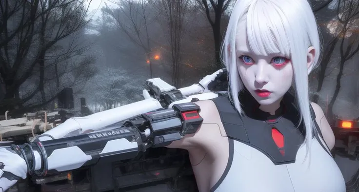 lucy \(cyberpunk\), (robot joints:0.5), mechanical parts) best quality, masterpiece, realistic:1.4, White hair, detailed, red eyes, floating hair, snowy, upper body, detailed face, winter, trees, sunshine, midriff <lora:lucyCyberpunk_42Epochs:0.8>