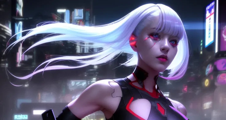 lucy \(cyberpunk\), (robot joints:0.5), mechanical parts) best quality, 1girl, masterpiece, realistic:1.4, White hair, detailed, red eyes, floating hair, night city, upper body, detailed face, Harajuku, midriff <lora:lucyCyberpunk_42Epochs:0.8>