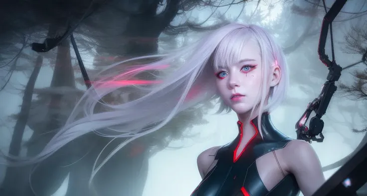 lucy \(cyberpunk\), (robot joints:0.5), mechanical parts) best quality, masterpiece, realistic:1.4, White hair, detailed, red eyes, windy, floating hair, snowy, upper body, detailed face, winter, trees, sunshine, midriff <lora:lucyCyberpunk_42Epochs:0.8>