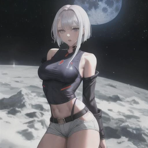 lucy \(cyberpunk\), 1girl, arm behind the back, looking at the viewer, asymmetrical hair, belt, bodysuit, covered mouth, covered navel, detached sleeves, grey eyes, hip vent, holding  an astronaut's helmet, at the moon, galaxy, Earth in the background, pouch, short hair, sky, white hair, wire, short shorts, shorts, open jacket