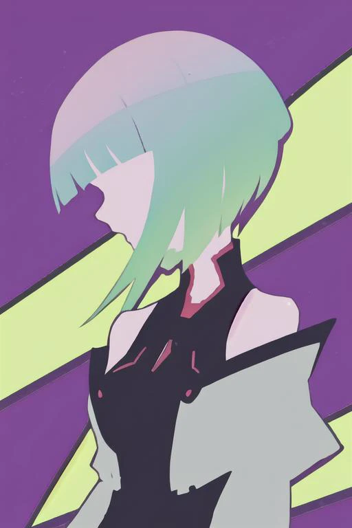 (masterpiece),(best quality), anime minimalist,<lora:minimalistAnimeStyle_v10:1>,
((upper body)),1girl, solo, short hair,cyberpunk \(series\), bangs, jacket,bare shoulders,
<lora:lucy000035.Cnw5:1>,multicolored hair,