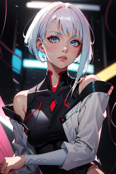 cyberpunk edgerunners, 1girl, lucy \(cyberpunk\), bare shoulders, blue eyes, breasts, leotard, looking at viewer, medium breasts, off-shoulder jacket, off shoulder, red eyeliner, short hair, sleeveless turtleneck leotard, solo, turtleneck leotard, white hair, ((masterpiece))   <lora:cyberpunk_edgerunners_offset:1> <lora:lucy_offset:0.8>