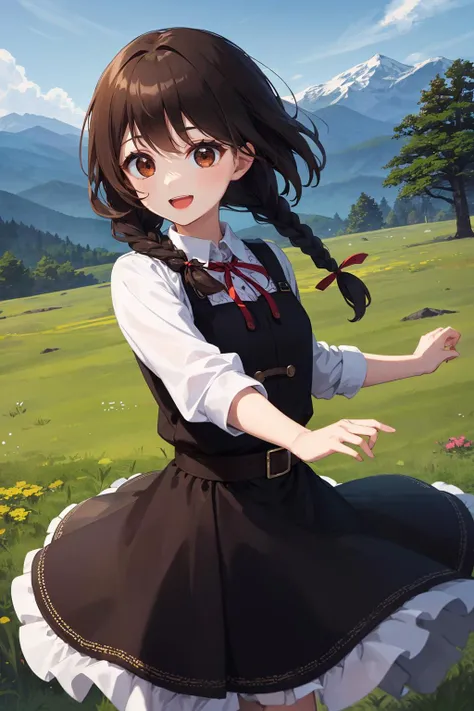 1 girl, best quality, amazing intricate, dark brown hair, twin braids, dark brown eyes, (round eyes:1.3), :d, small breasts,
from front, cowboy shot, dancing,
highland folk costume,
in the forest, grass, flower, mountain in the distance, sky