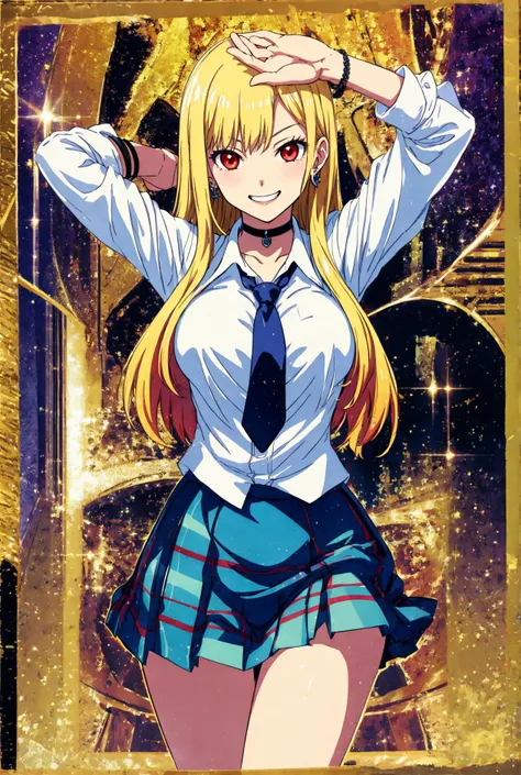 (an extremely delicate and beautiful, masterpiece, best quality), school, nice body, cowboyshot,
1girl, solo, perfect anatomy, ideal ratio body proportions, large breasts, happy, smile, contrapposto, sexy pose,
kitagawa marin, (blonde hair, long hair, gradient hair), red eyes, jewelry, 
school uniform, white shirt, pleated mini skirt, necktie, choker, grin, bracelet, blue skirt, plaid, black choker, plaid skirt, earring,
<lora:Rio_SBJ:0.8> <lora:Hourglass_Body_Shape:0.3> <lora:Add_Details:0.3> <lora:kitagawa_marin_kisekoi:0.5>