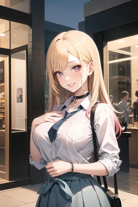(anime style),masterpiece, best quality, ultra-detailed, glistening shiny, glowing light, ray tracing, HDR, deph of field, (perfect face, detailed face, detailed eyes),(big boobs:1.2),8k,HD,ultra realistic face,ray tracing,perfect lighting,best quality, ultra-detailed, shiny eyes, (looking at viewer,sensual smile:1.1), ((1girl)), (gyaru, mature female:1.4),hourglass_body shape,
marin,long hair,((gradient hair)),multicolored eyes, gradient eyes, (glowing eyes:1.1), mascara, (fashion make up), parted lips,skirt, shirt, jewelry, school uniform, white shirt, pleated skirt, earrings, necktie, choker, grin, bracelet, blue skirt, plaid,black choker, plaid skirt, piercing, ear piercing, bright pupils,tied shirt, bead bracelet,
((mall, terrace, shops, glass roof)),complex background,((super detailed background)), sensual poses((8k wall paper)), ((8k wallpaper)) , <lora:marin:1>