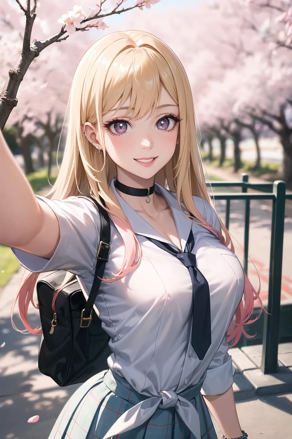 (anime style),masterpiece, best quality, ultra-detailed, glistening shiny, glowing light, ray tracing, HDR, deph of field, (perfect face, detailed face, detailed eyes),(medium boobs:1.2),8k,HD,ultra realistic face,ray tracing,perfect lighting,best quality, ultra-detailed, shiny eyes, (looking at viewer,sensual smile:1.1), ((1girl)), (gyaru, mature female:1.4),hourglass_body shape,
marin,long hair,((gradient hair)),multicolored eyes, gradient eyes, (glowing eyes:1.1), mascara, (fashion make up), parted lips,skirt, shirt, jewelry, school uniform, white shirt, pleated skirt, earrings, necktie, choker, grin, bracelet, blue skirt, plaid,black choker, plaid skirt, piercing, ear piercing, bright pupils,tied shirt, bead bracelet,
((school, school gate, cherry trees, cherry blossoms, flying petals)),complex background,((super detailed background)), sensual poses((8k wall paper)), ((8k wallpaper)) , <lora:marin:1>