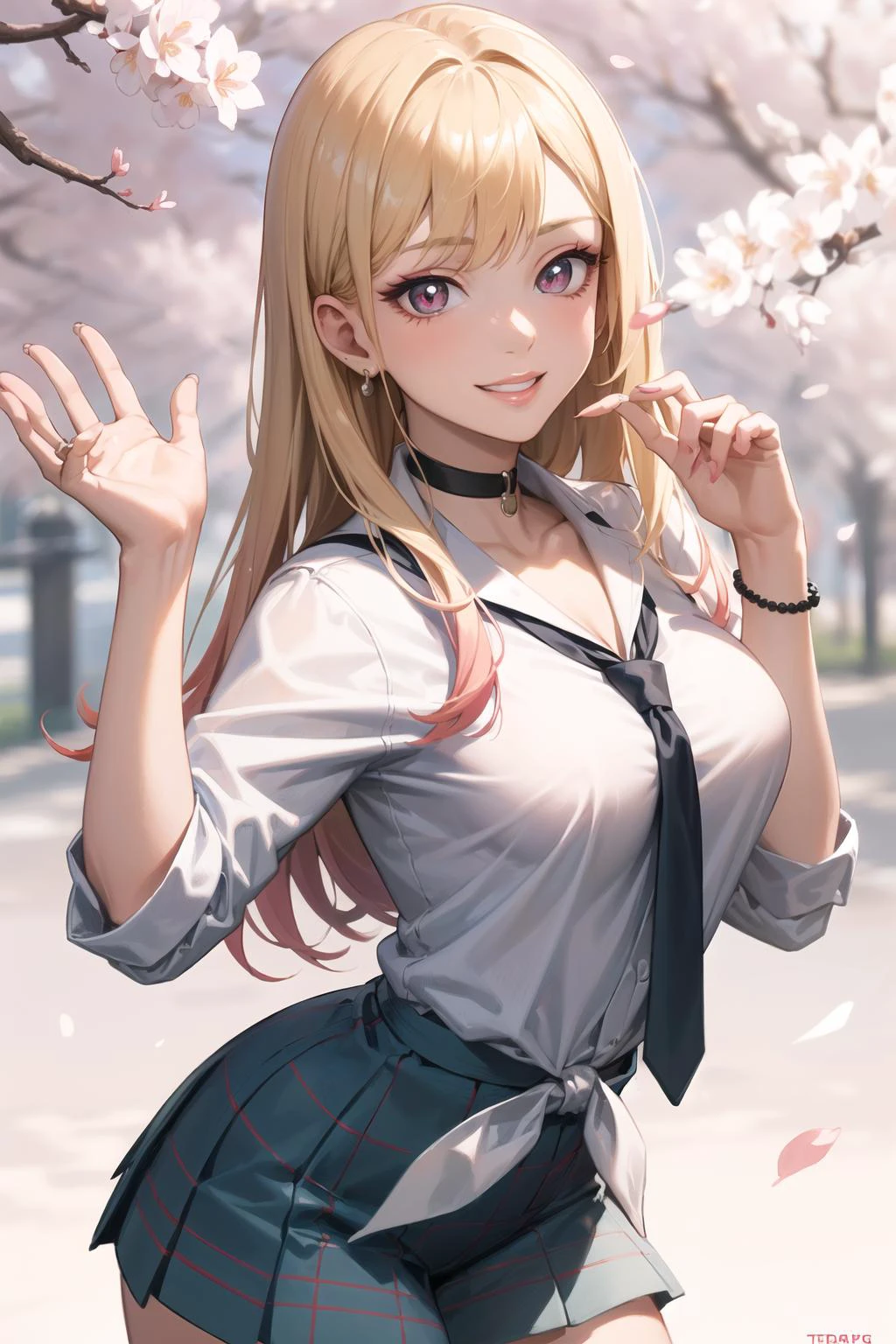 (anime style),masterpiece, best quality, ultra-detailed, glistening shiny, glowing light, ray tracing, HDR, deph of field, (perfect face, detailed face, detailed eyes),(medium boobs:1.2),8k,HD,ultra realistic face,ray tracing,perfect lighting,best quality, ultra-detailed, shiny eyes, (looking at viewer,sensual smile:1.1), ((1girl)), (gyaru, mature female:1.4),hourglass_body shape,
marin,long hair,((gradient hair)),multicolored eyes, gradient eyes, (glowing eyes:1.1), mascara, (fashion make up), parted lips,skirt, shirt, jewelry, school uniform, white shirt, pleated skirt, earrings, necktie, choker, grin, bracelet, blue skirt, plaid,black choker, plaid skirt, piercing, ear piercing, bright pupils,tied shirt, bead bracelet,
((school, school gate, cherry trees, cherry blossoms, flying petals)),complex background,((super detailed background)), sensual poses((8k wall paper)), ((8k wallpaper)) , <lora:marin:1>