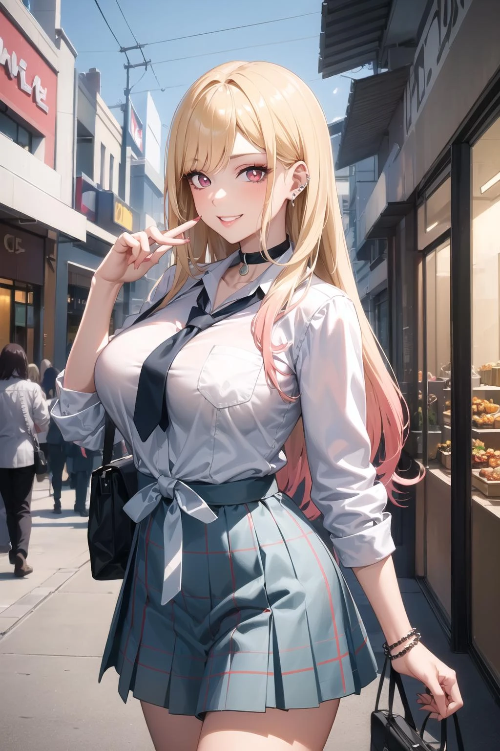 (anime style),masterpiece, best quality, ultra-detailed, glistening shiny, glowing light, ray tracing, HDR, deph of field, (perfect face, detailed face, detailed eyes),(big boobs:1.2),8k,HD,ultra realistic face,ray tracing,perfect lighting,best quality, ultra-detailed, shiny eyes, (looking at viewer,sensual smile:1.1), ((1girl)), (gyaru, mature female:1.4),hourglass_body shape,
marin,long hair,((gradient hair)),multicolored eyes, gradient eyes, (glowing eyes:1.1), mascara, (fashion make up), parted lips,skirt, shirt, jewelry, school uniform, white shirt, pleated skirt, earrings, necktie, choker, grin, bracelet, blue skirt, plaid,black choker, plaid skirt, piercing, ear piercing, bright pupils,tied shirt, bead bracelet,
((mall, terrace, shops, glass roof)),complex background,((super detailed background)), sensual poses((8k wall paper)), ((8k wallpaper)) , <lora:marin:1>