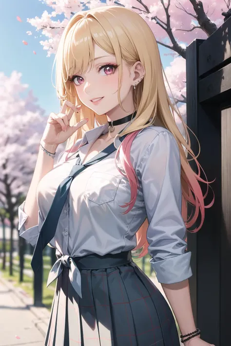 (anime style),masterpiece, best quality, ultra-detailed, glistening shiny, glowing light, ray tracing, HDR, deph of field, (perfect face, detailed face, detailed eyes),(medium boobs:1.2),8k,HD,ultra realistic face,ray tracing,perfect lighting,best quality, ultra-detailed, shiny eyes, (looking at viewer,sensual smile:1.1), ((1girl)), (gyaru, mature female:1.4),hourglass_body shape,
marin,long hair,((gradient hair)),multicolored eyes, gradient eyes, (glowing eyes:1.1), mascara, (fashion make up), parted lips,skirt, shirt, jewelry, school uniform, white shirt, pleated skirt, earrings, necktie, choker, grin, bracelet, blue skirt, plaid,black choker, plaid skirt, piercing, ear piercing, bright pupils,tied shirt, bead bracelet,
((school, school gate, cherry trees, cherry blossoms, flying petals)),complex background,((super detailed background)), sensual poses((8k wall paper)), ((8k wallpaper)) ,   <lora:marin:1>