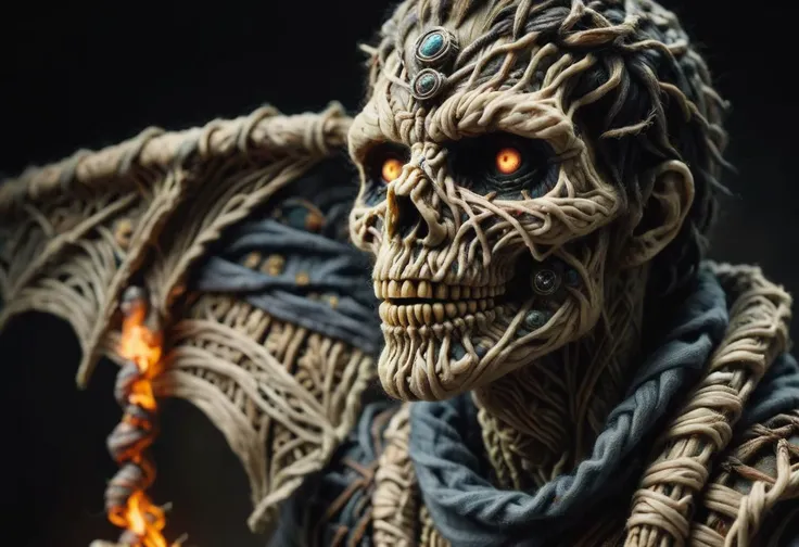 hyper detailed masterpiece, dynamic, awesome quality,zwuul, male mummy, preserved reanimated undead cursed being, wrapped in bandages, sunken empty eye sockets, tattered burial wrappings, ancient artifacts and jewelry,curses, supernatural reanimation <lora:zwuul:0.85>