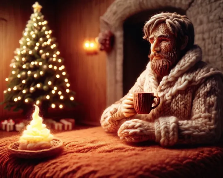 zwuul. A cinematic still of a handsome santaclaus sitting in bed sipping coffee, presents, (glowing particles,bokeh:1.4), christmas tree, fireplace,<lora:XL_wool-zwuul:1.3> . Warm atmosphere|warm lighting|low exposure