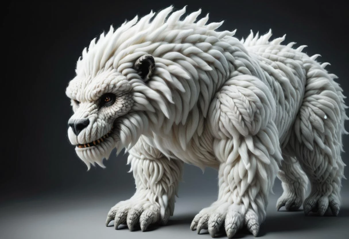 hyper detailed masterpiece, dynamic, awesome quality,zwuul, yeti, cryptid large humanoid ape-like creature, white fur, thick stocky build, long arms, hunched stooped posture, prominent brow ridge, elusive, mysterious, mountain-dwelling <lora:zwuul:0.85>
