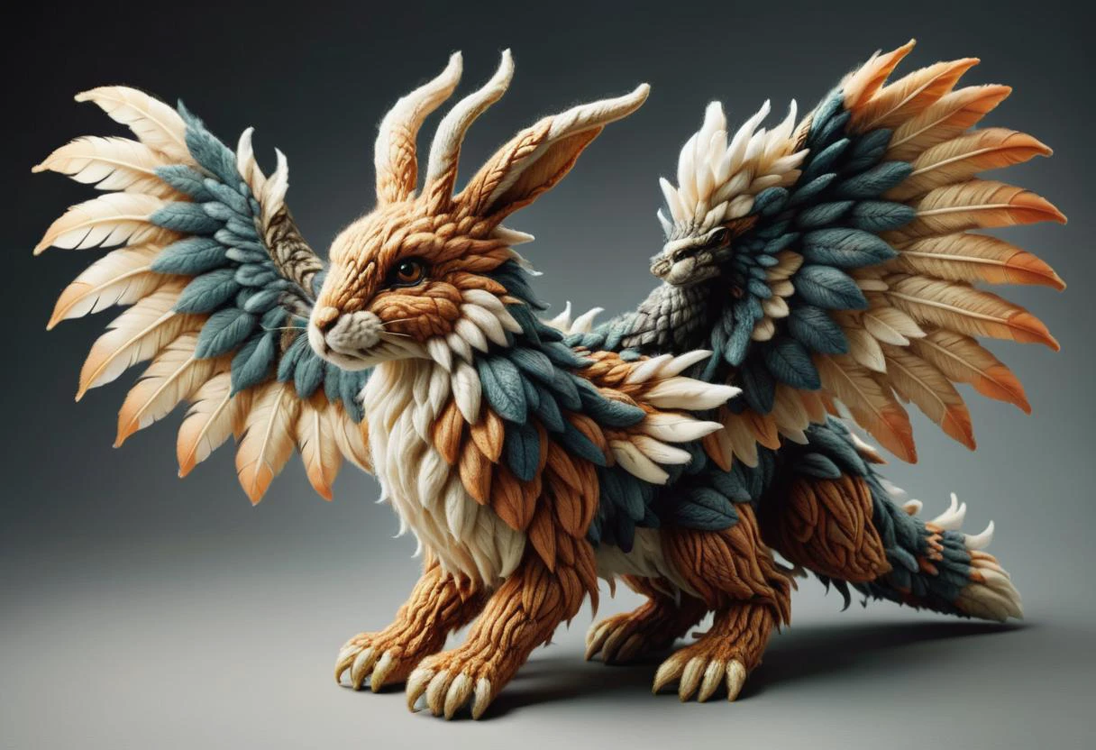 hyper detailed masterpiece, dynamic, awesome quality,zwuul, wolpertinger, mythical mammalian creature, hybrid creature, wings, antlers, fangs, feathers, rabbit ears, small furry body, humorous, imaginative, curiosity, whimsical, fictional <lora:zwuul:0.85>