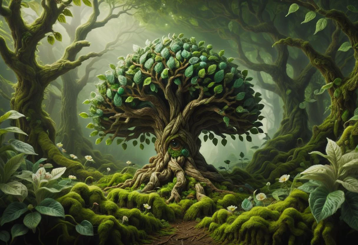 hyper detailed masterpiece, dynamic, awesome quality,zwuul, giant, plant hybrid,plant-based humanoid, alluring appearance, floral elements, green leaf-like bark-like skin, vines and roots as hair, varied and mystical attire, mesmerizing or hypnotic eyes, plant-based accessories or ornaments, shopping centers,art galleries,neglected,computer-generated,growing,swirling,close to nature,cyber space <lora:zwuul:0.85>