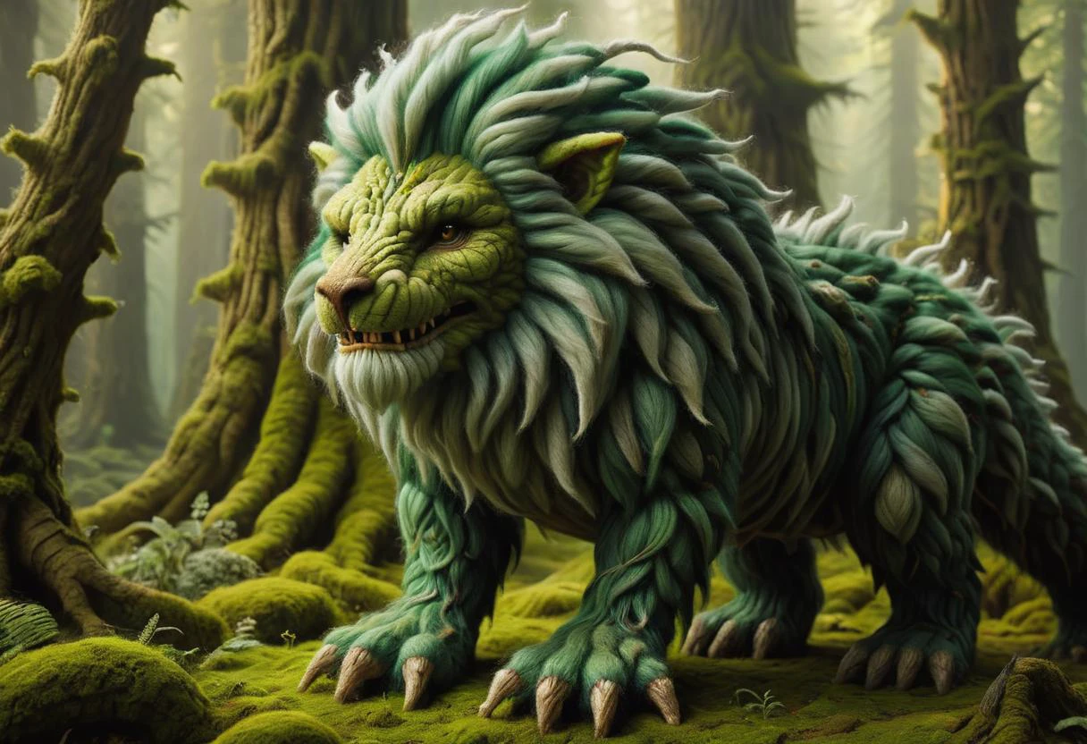 hyper detailed masterpiece, dynamic, awesome quality,zwuul, male troll, mythical humanoid being,large, strong, 8 to 10 feet tall, deep forests, thick warty green skin, large nose, pointy ears, jutting jaw, prominent teeth, deep-set glowing eyes, long wild hair, claws, fantasy, stooped posture <lora:zwuul:0.85>