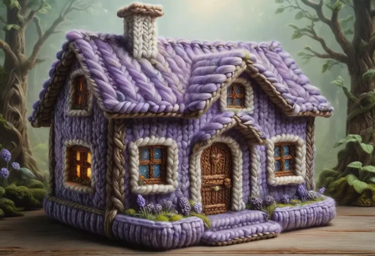 a close up of a purple knitted house with a lit candle