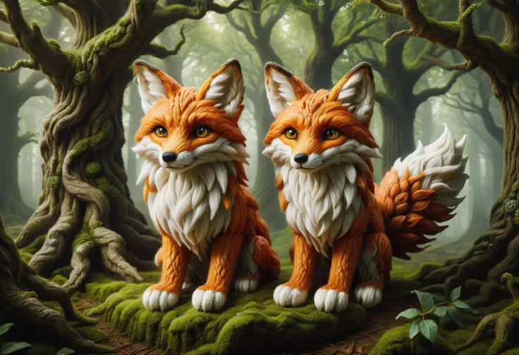 two foxes sitting on a moss covered rock in a forest