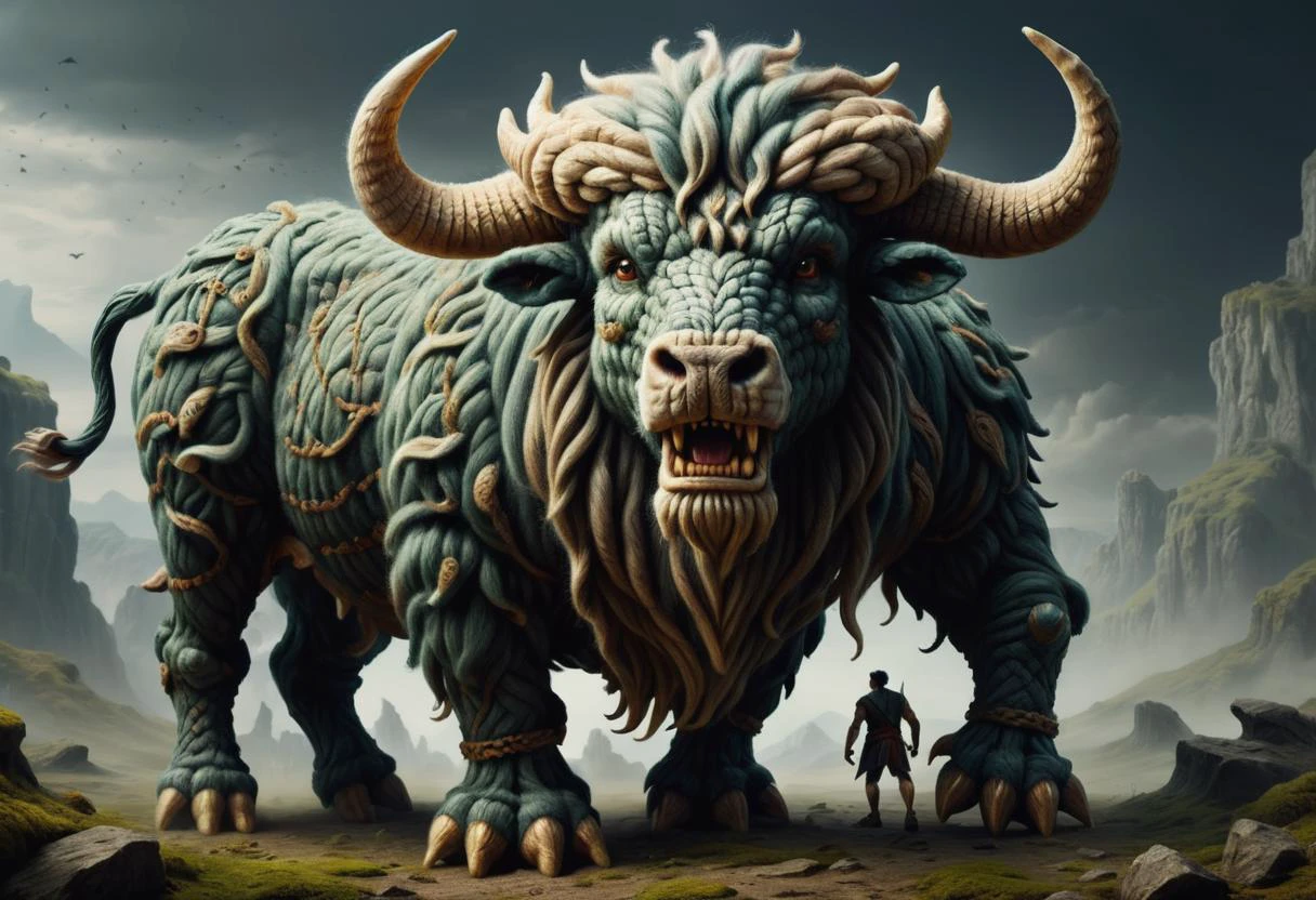 hyper detailed masterpiece, dynamic, awesome quality,zwuul, strigoi, mythical creature with the head of a bull and the body of a man, greek mythology, fierce and monstrous, chaos, primal instinct, fantasy <lora:zwuul:0.85>