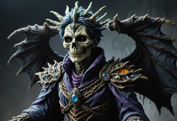 hyper detailed masterpiece, dynamic, awesome quality,zwuul, female lich, undead sorcerer, mummified appearance, tattered robes, wand, empty eye sockets, no life, no flesh, aura of dark magic. immortality, dark rituals, powerful, malevolent, ancient formidable spellcaster, necromancy, dark magic <lora:zwuul:0.85>