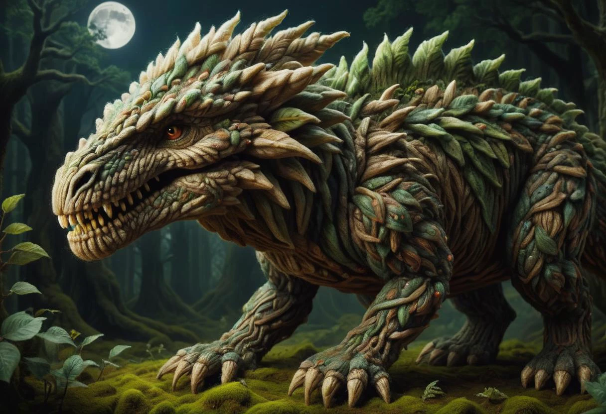 hyper detailed masterpiece, dynamic, awesome quality,zwuul, manananggal, fictional humanoid creatures, brutish, fearsome, strength, muscular,rough rugged appearance, 8 to 10 feet tall, broad, brown skin, mottled thick coarse hair,broad, prominent brows, sharp, elongated noses, and wide, powerful jaws, sharp teeth fantasy, success,intricate,mystic,rustling leaves,live music,simulated environments,astral,moonlit <lora:zwuul:0.85>