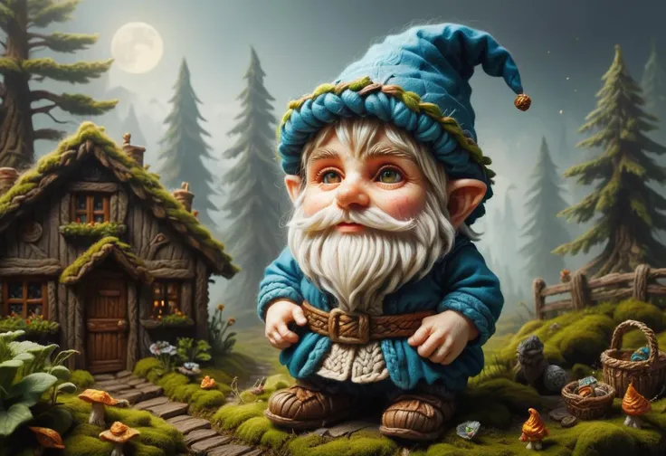 gnome with a blue hat and blue jacket standing in front of a small house