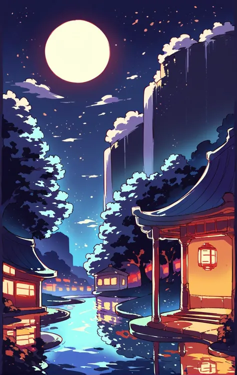 score_9,score_8_up,score_7_up,score_6_up,score_5_up,score_4_up outdoors,sky,water,tree,no humans,night,moon,building,star (sky),night sky,scenery,architecture,house,east asian architecture <lora:Himukai_Yuuji_XL:0.8>