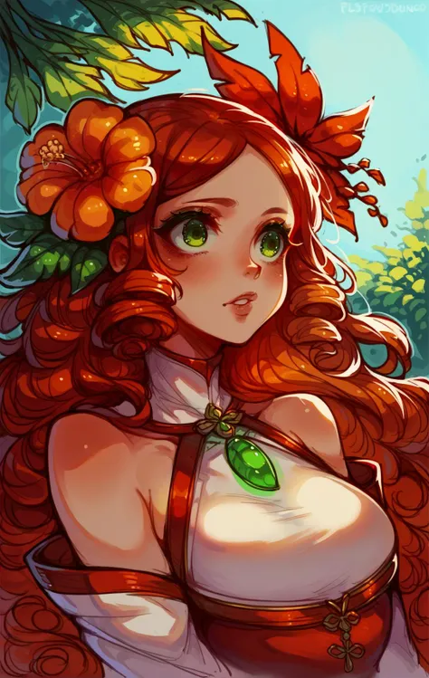 score_9,score_8_up,score_7_up,score_6_up,score_5_up,score_4_up 1girl,solo,long hair,hair ornament,bare shoulders,green eyes,upper body,flower,red hair,parted lips,hair flower,orange hair,leaf,curly hair <lora:Syvaron:0.4>, <lora:Lunas-GreenuCorm-SDXL-A1:0.5>,neon, colored outlines, glow, rimlight, <lora:Himukai_Yuuji_XL:0.5>, <lora:fluffydango-artist-richy-v1_pdxl:0.8>