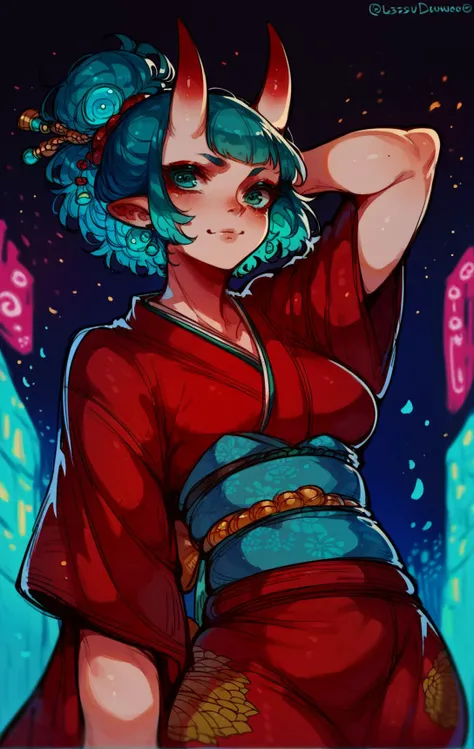 score_9,score_8_up,score_7_up,score_6_up,score_5_up,score_4_up depth of field, arm up, confident, teal eyes, azure hair, red oni, kimono, straight hair, <lora:Syvaron:0.4>, <lora:Lunas-GreenuCorm-SDXL-A1:0.5>,neon, colored outlines, glow, rimlight, <lora:Himukai_Yuuji_XL:0.5>, <lora:fluffydango-artist-richy-v1_pdxl:0.8>