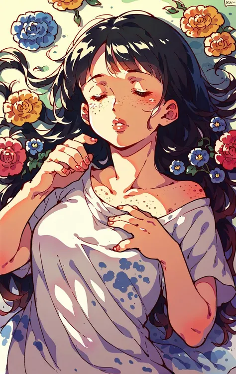 score_9,score_8_up,score_7_up,score_6_up,score_5_up,score_4_up rating_questionable, 1girl,solo,long hair,shirt,black hair,closed eyes,flower,lying,hand up,on back,lips,traditional media,white flower,red flower,pink flower,freckles,blue flower,yellow flower,purple flower,painting (medium),watercolor (medium),orange flower <lora:Himukai_Yuuji_XL:0.8>